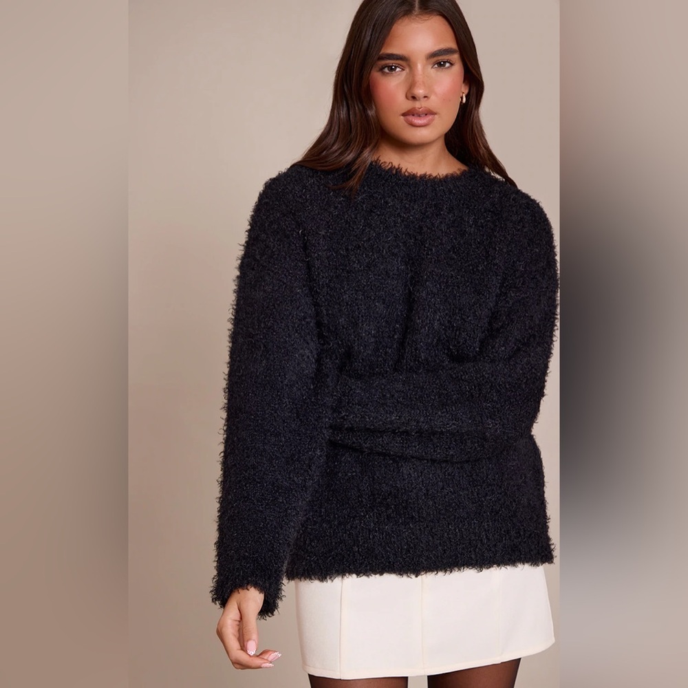 Black Teddy Knit Oversized Sweater Fuzzy Crew Neck Plush Top 2XL